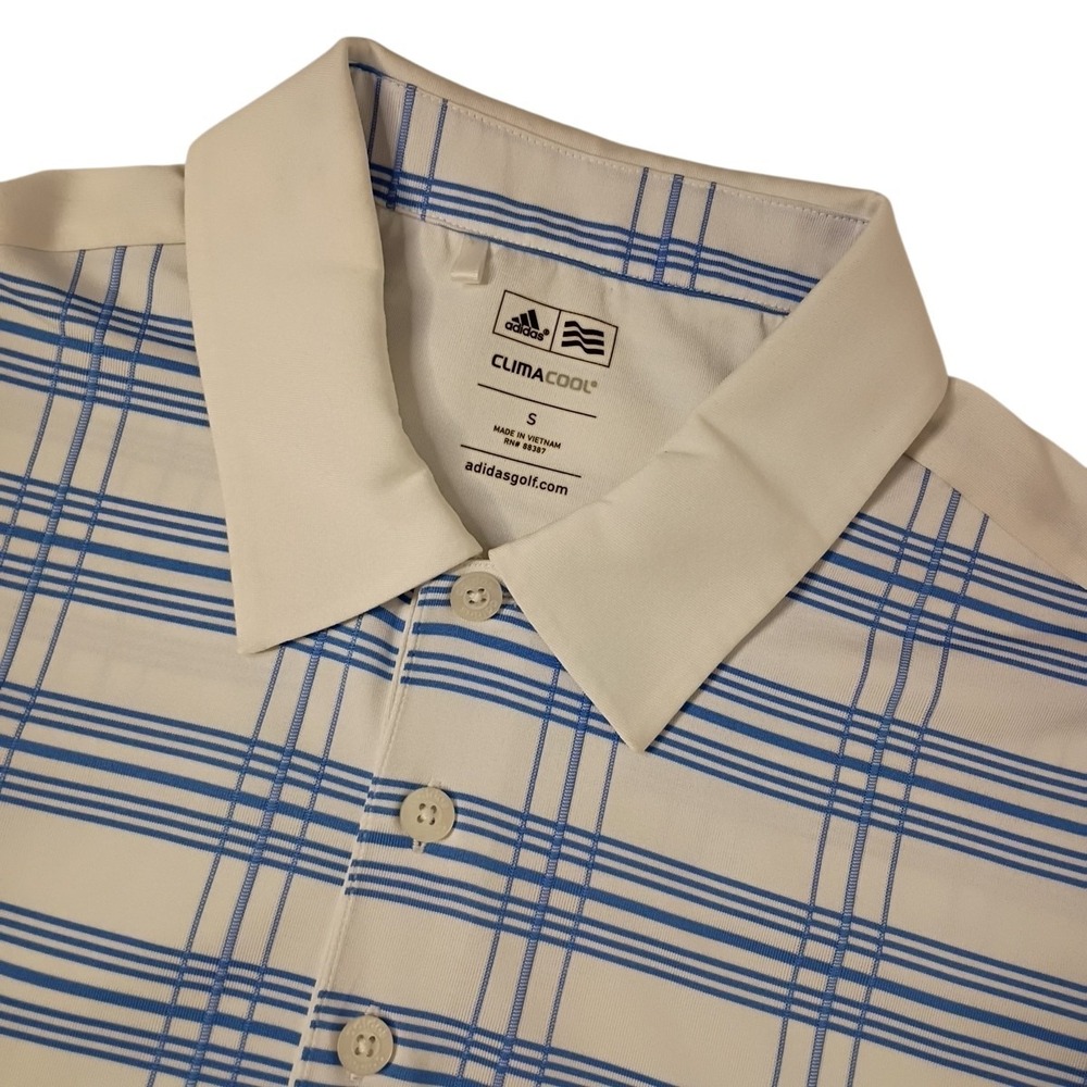 Adidas ClimaCool Polo Shirt Mens Small Blue White Plaid Performance Golf Casual